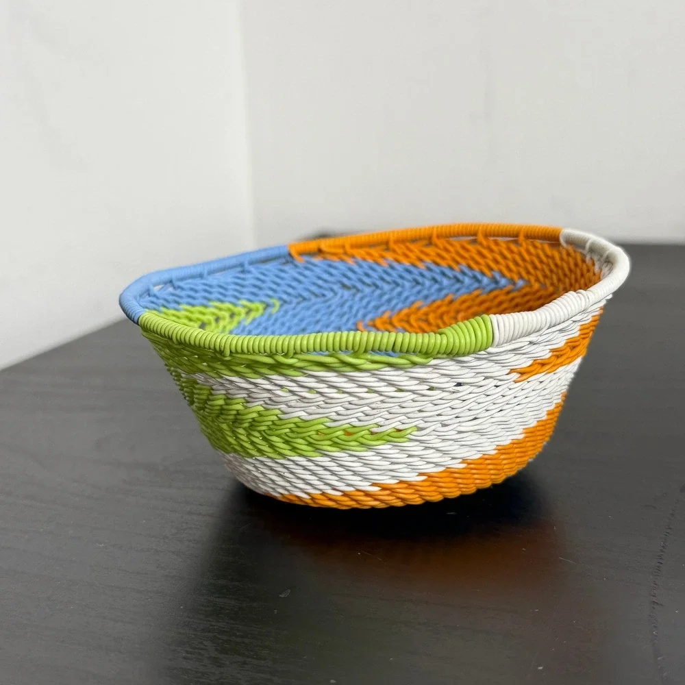Zulu Telephone Wire Basket Spiral Design Small Woven Bowl Orange Blue Green 4.5